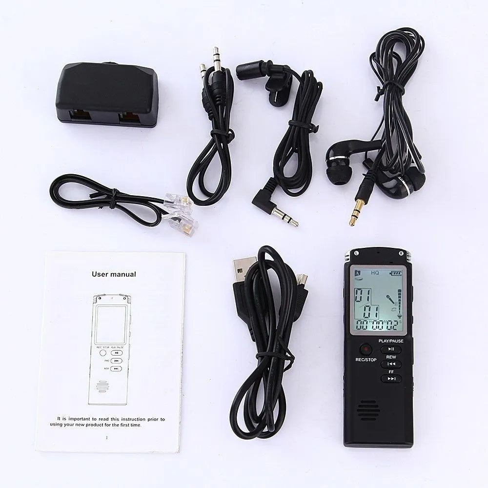 Compact black USB voice recorder with external mic support and telephone recording features