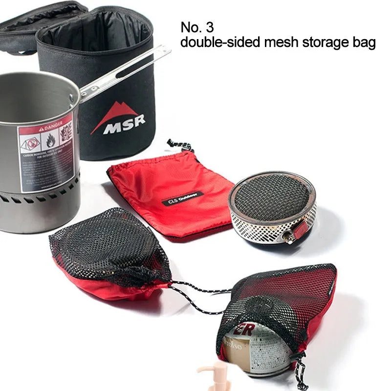 Red five-piece outdoor travel toiletry bag set with zippers and mesh panels