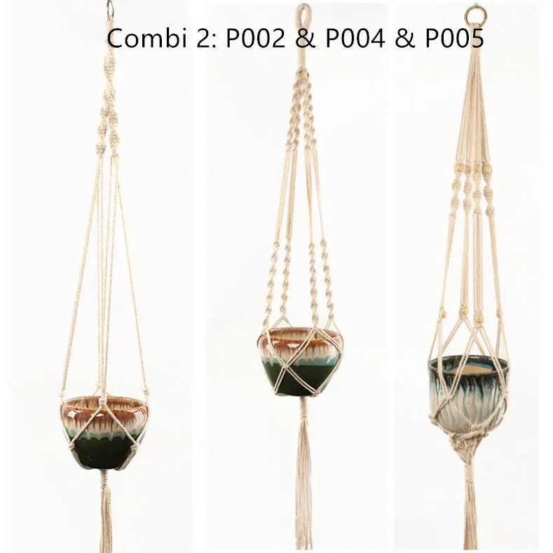 Woven cotton rope wire basket plant pot holder in a wall hanging style.