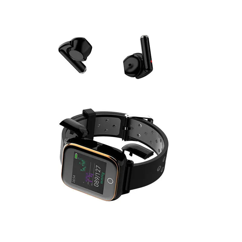 Black smartwatch with detachable Bluetooth earbuds stored in the bracelet chassis