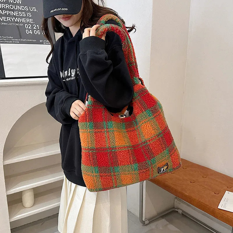 Women's plaid plush crossbody tote bag in army green, orange, or purple with interior organisation pockets