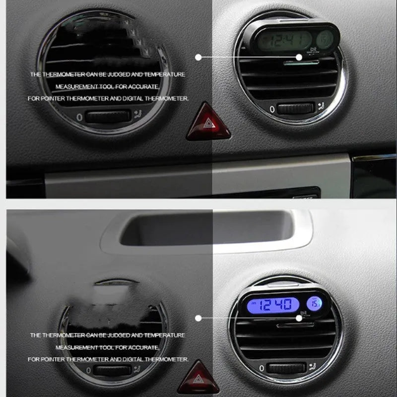 Black car clock thermometer with luminous LED display showing time and temperature on adjustable dashboard bracket