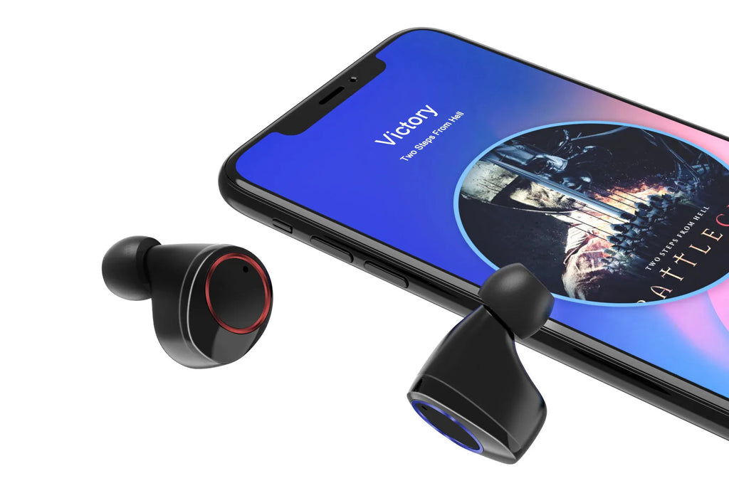 Black X11 Bluetooth wireless earbuds and charging case with six silicone ear sleeves.