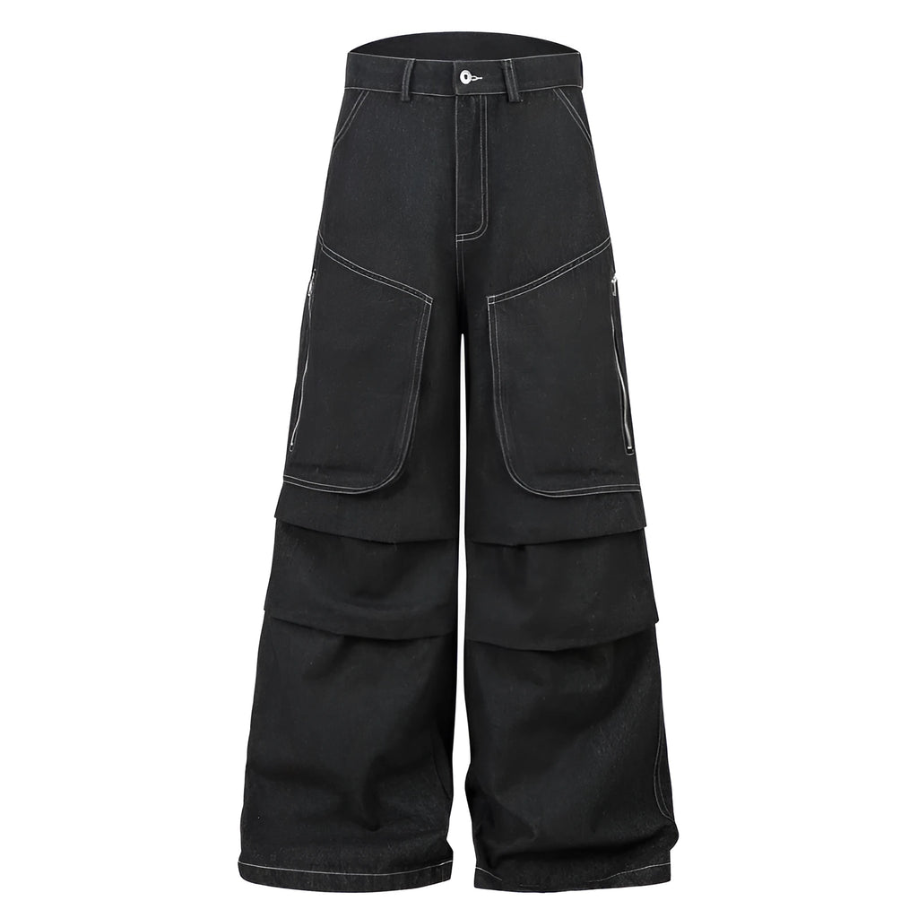Black pleated work jeans with multiple pockets, featuring a zip fly and mid-waist design.