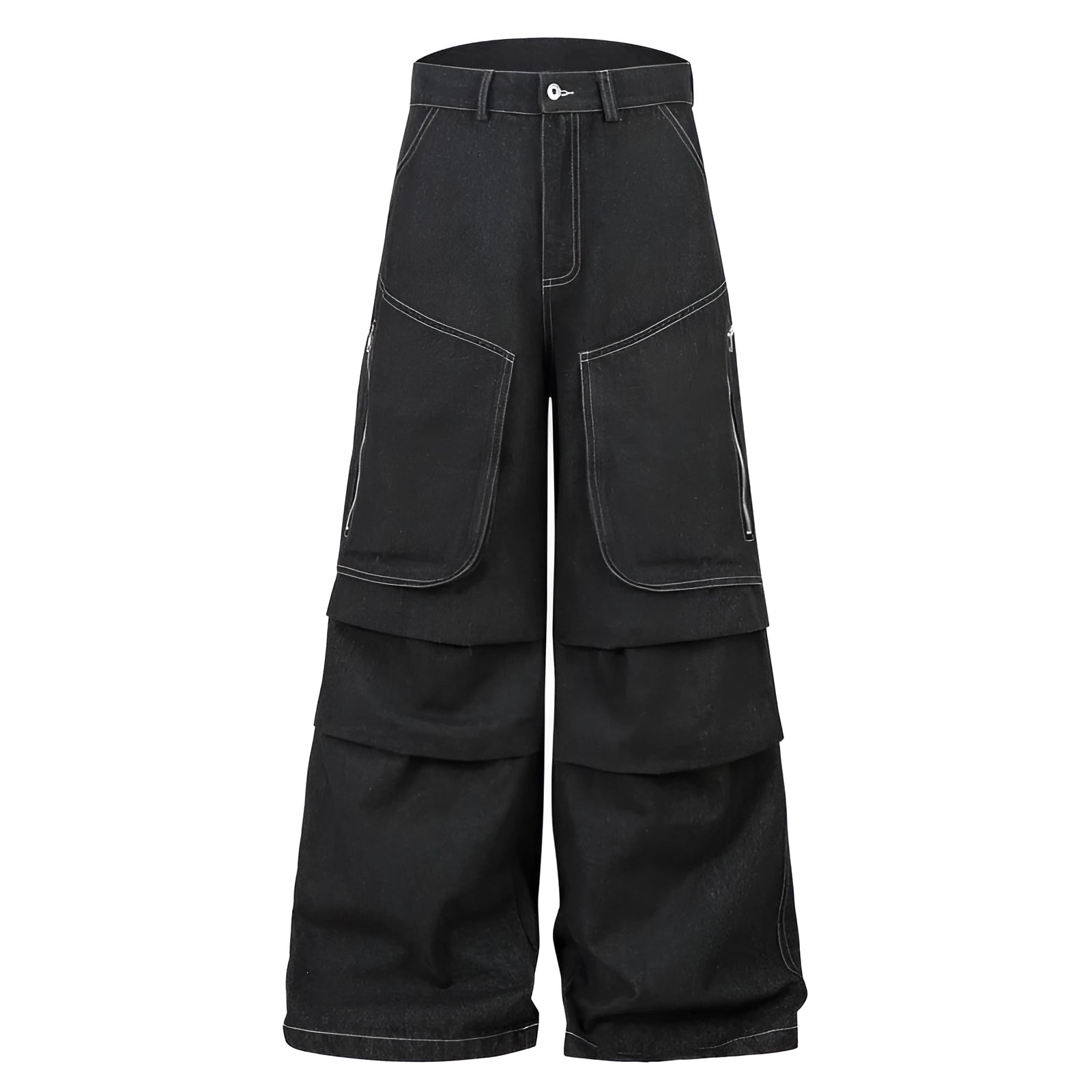 Black pleated work jeans with multiple pockets, featuring a zip fly and mid-waist design.