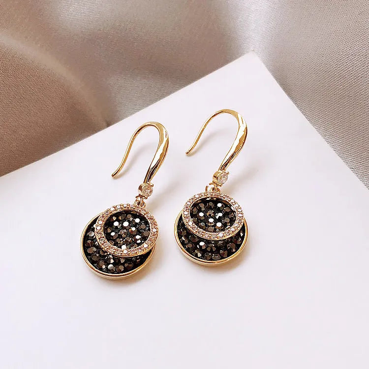 Black retro geometric drop earrings with 3.6cm round pieces and Hong Kong style design