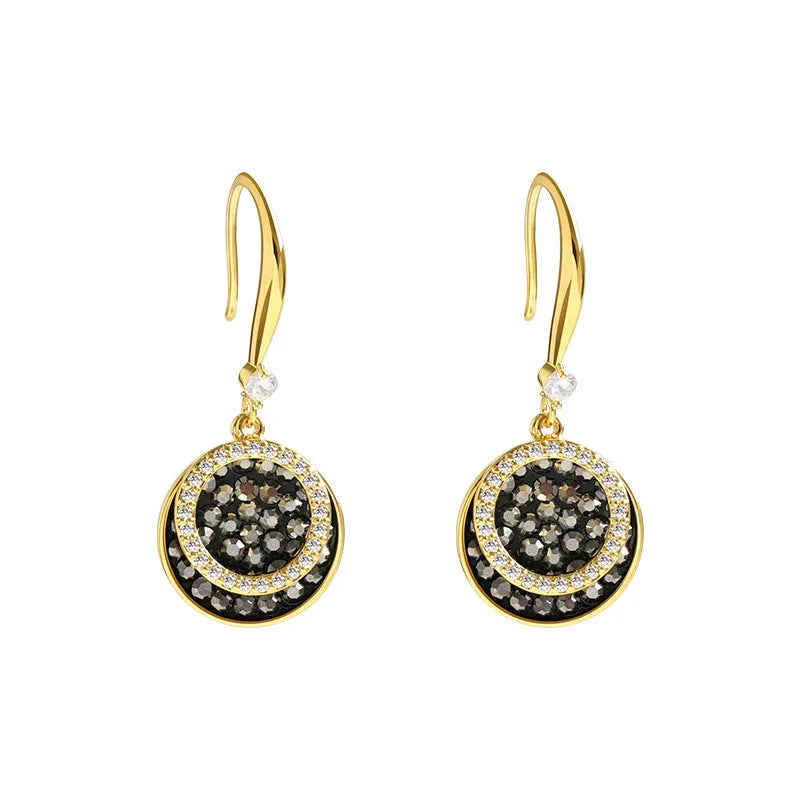 Black retro geometric drop earrings with 3.6cm round pieces and Hong Kong style design