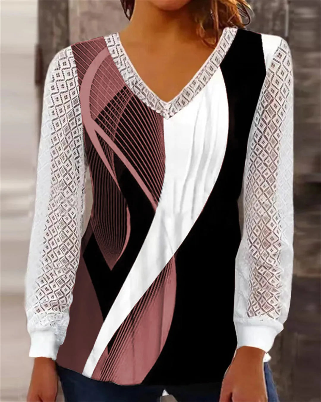 V-neck loose fit lace top in trueran polyester, available in blue, grey, purple, and wine red.