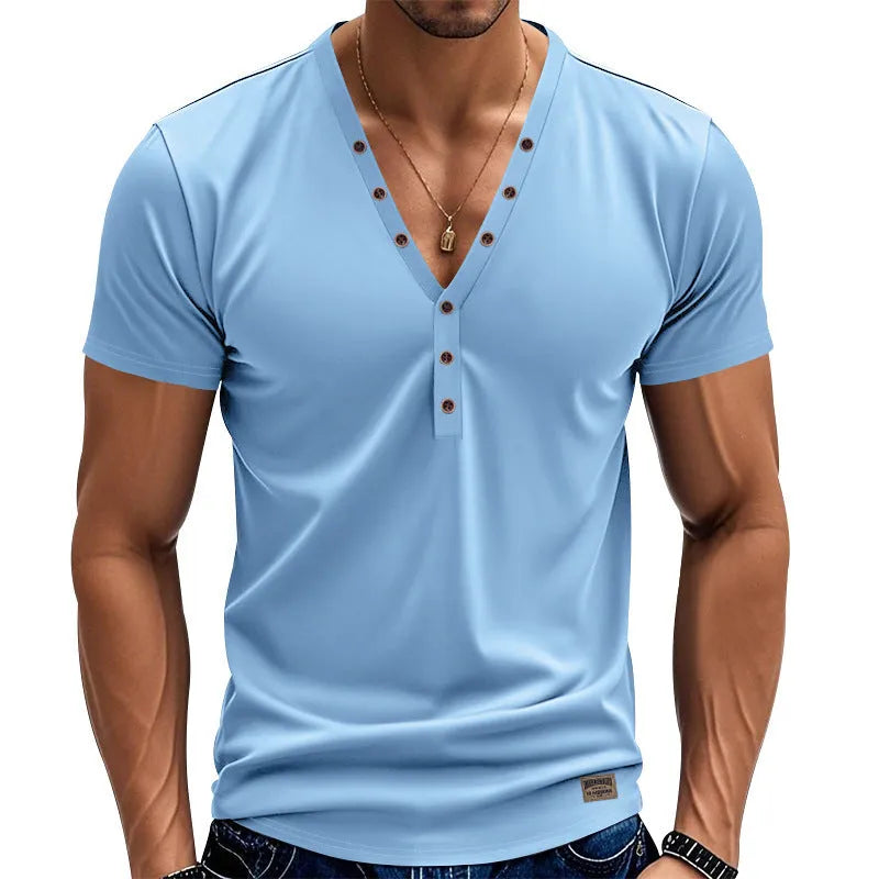 Men's loose fit thin V-neck pullover top in a solid colour with button detail.