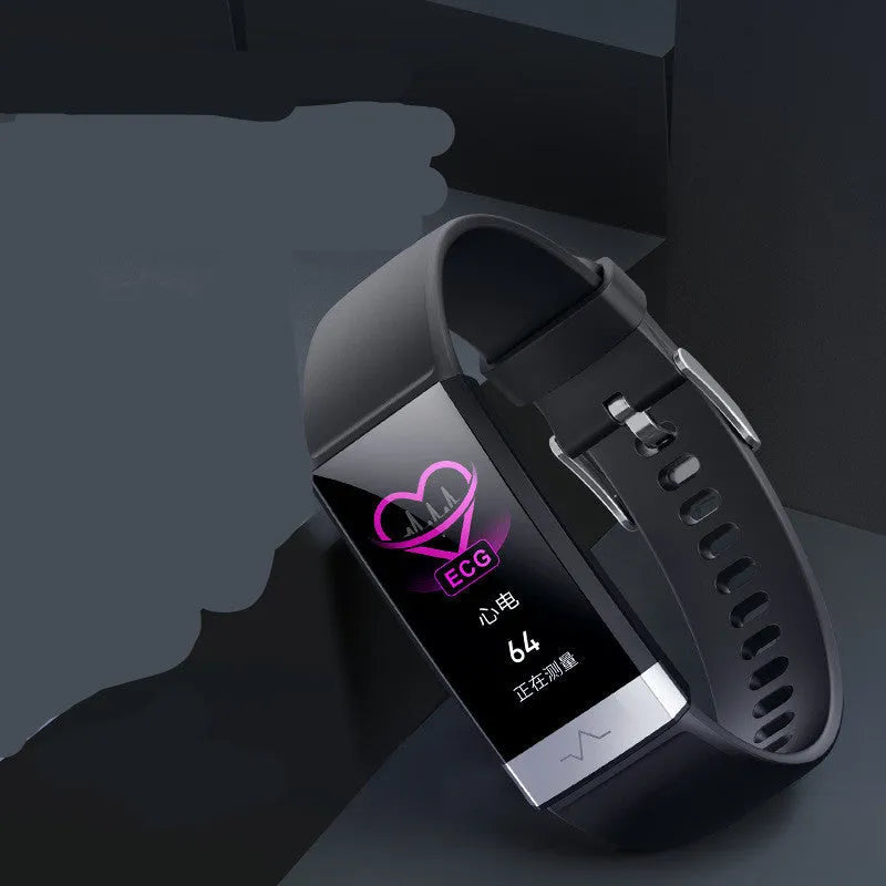 V19 smart fitness bracelet showing colour display with health metrics, available in black blue or red colours