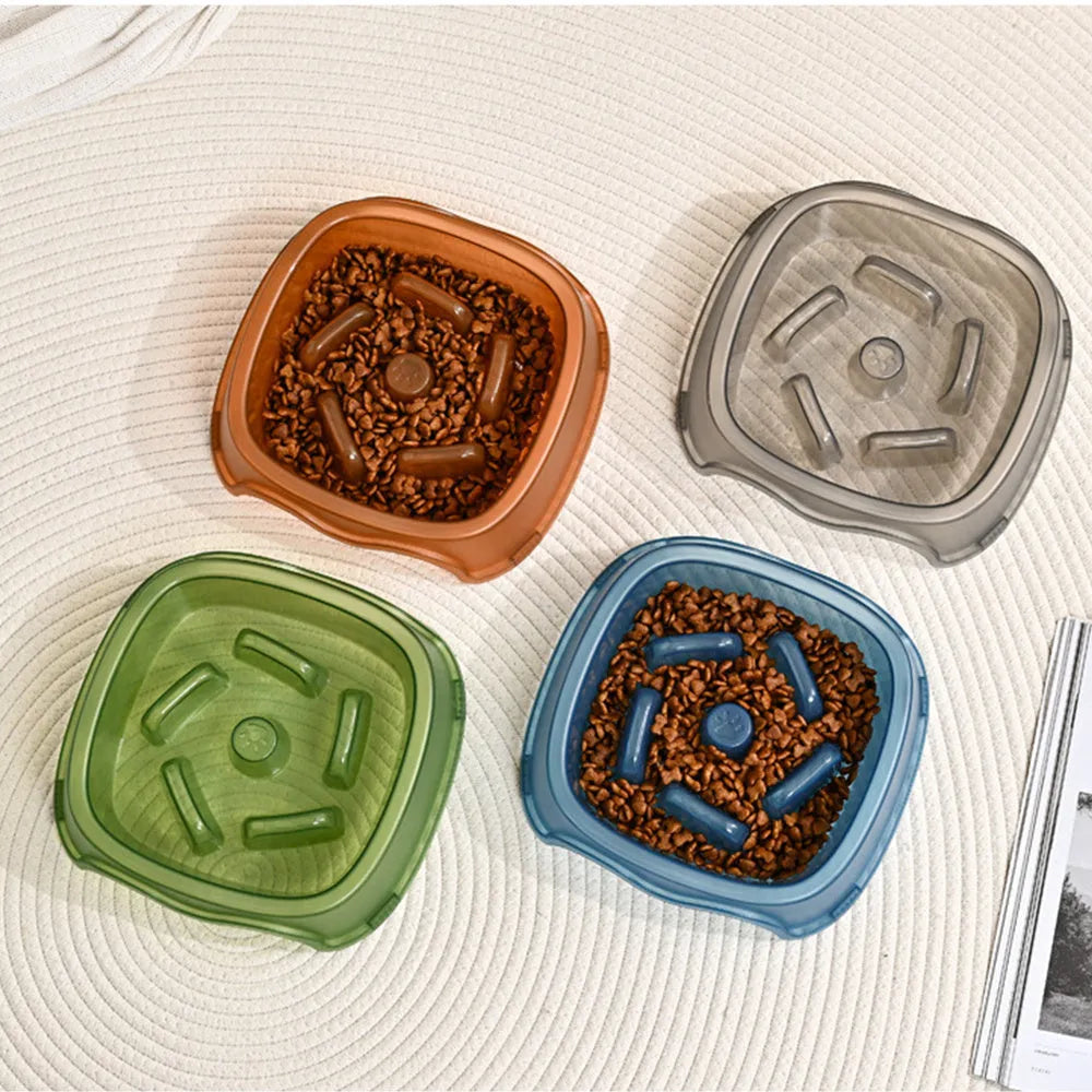 Plastic anti-choking slow feeder dog bowl in blue, grey, green or orange colours