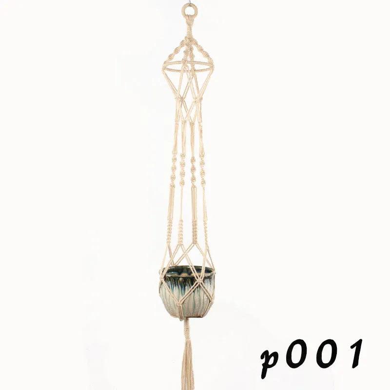 Woven cotton rope wire basket plant pot holder in a wall hanging style.