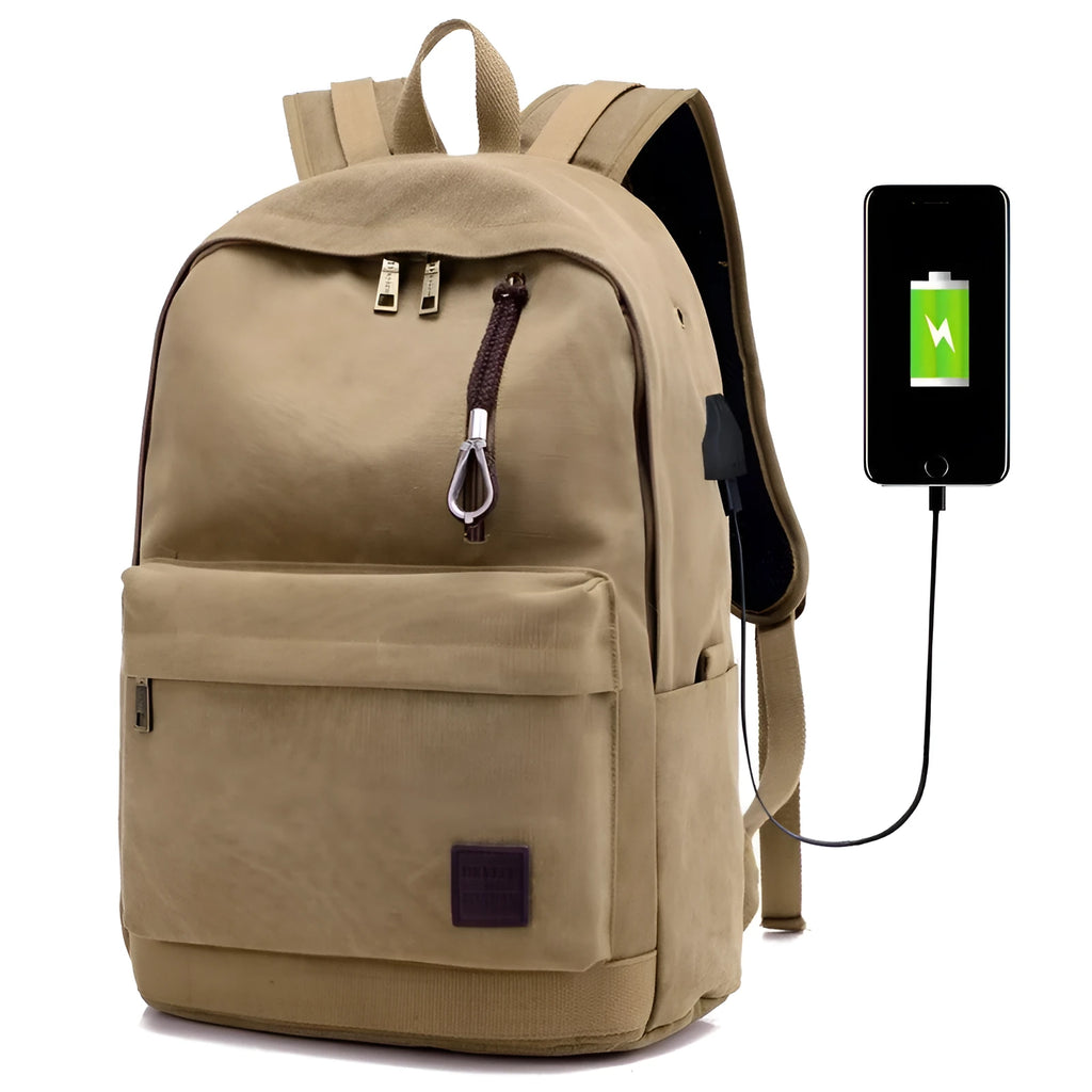 Canvas backpack with USB charging port and laptop compartment in multiple colour options