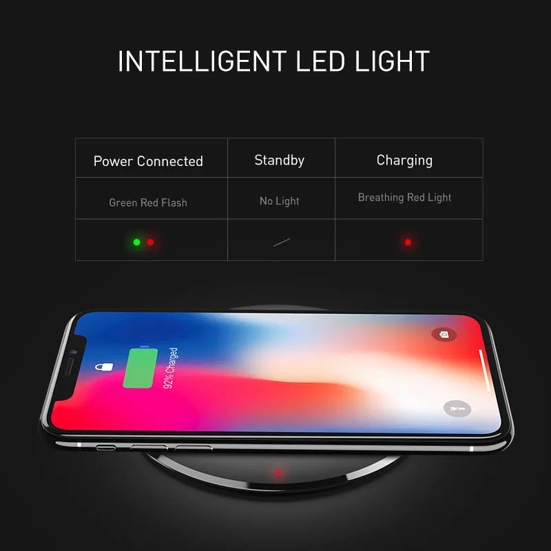 Round 5W wireless charger compatible with Floveme devices and iPhones in black ABS plastic