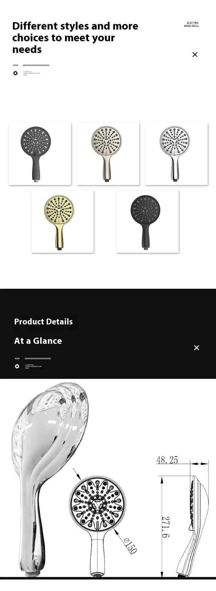 Chrome handheld shower head with six spray function selector