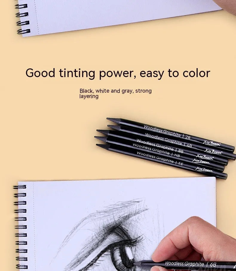 Six wood-free graphite sketching pencils showing different darkness grades from HB to EE