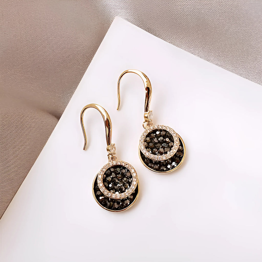Black retro geometric drop earrings with 3.6cm round pieces and Hong Kong style design