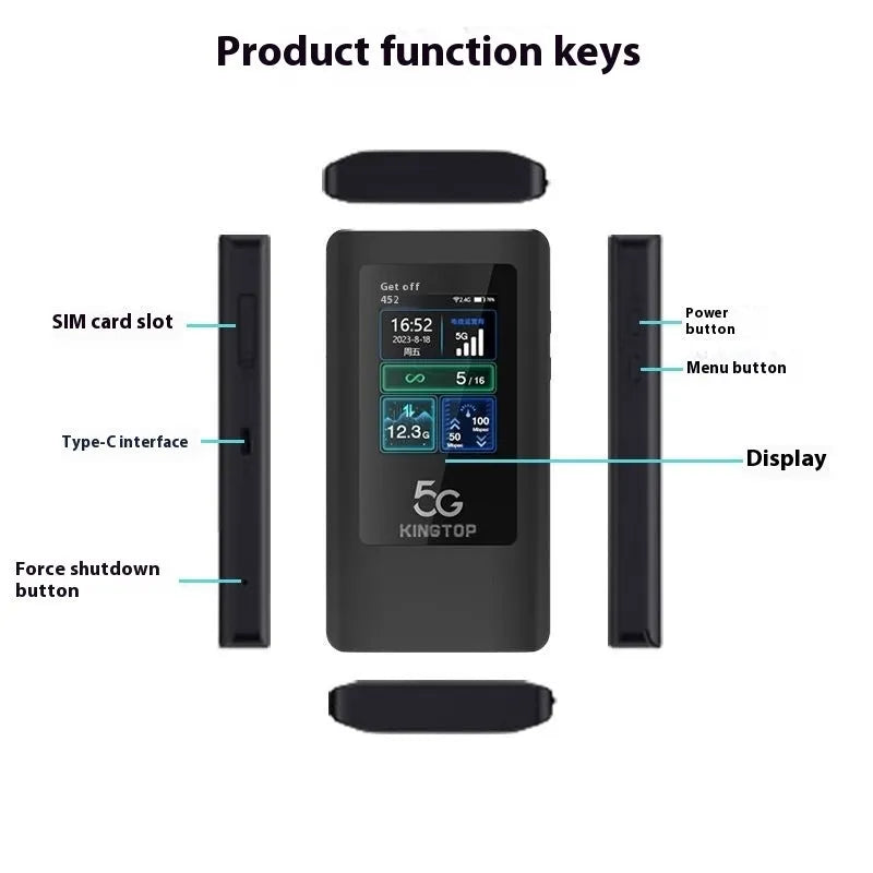 Black portable 5G WiFi router with LCD screen showing 4400mAh battery capacity and compact 125x70x17mm dimensions