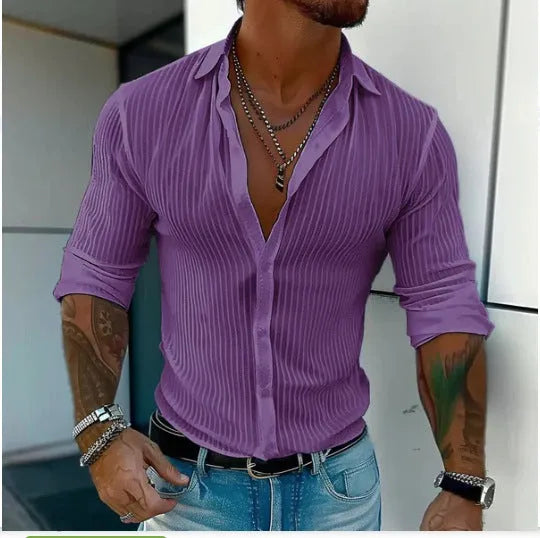 Men's striped British style cardigan shirt with 3D pattern and long sleeves