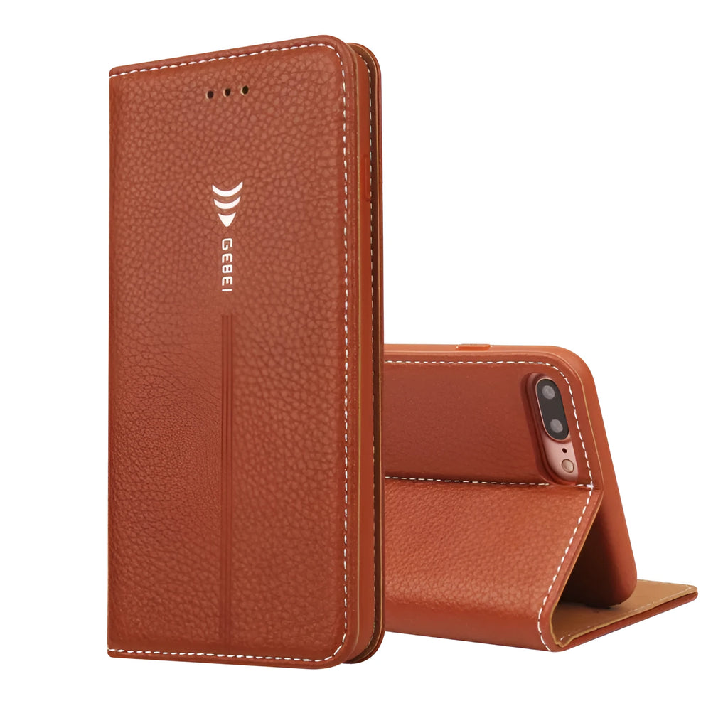 Black PU leather flip wallet phone case for iPhone shown open with card slots visible.