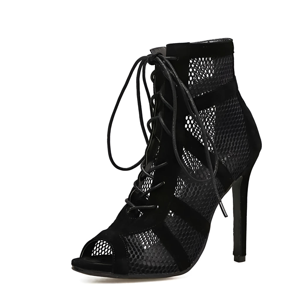 Black suede women's lace-up high heel shoe with ankle strap and 11.5cm heel.
