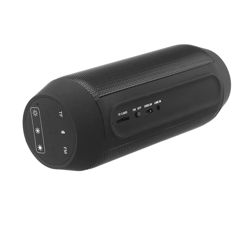 Mini black or white Bluetooth stereo with colourful lights showing 360° sound and compact dimensions