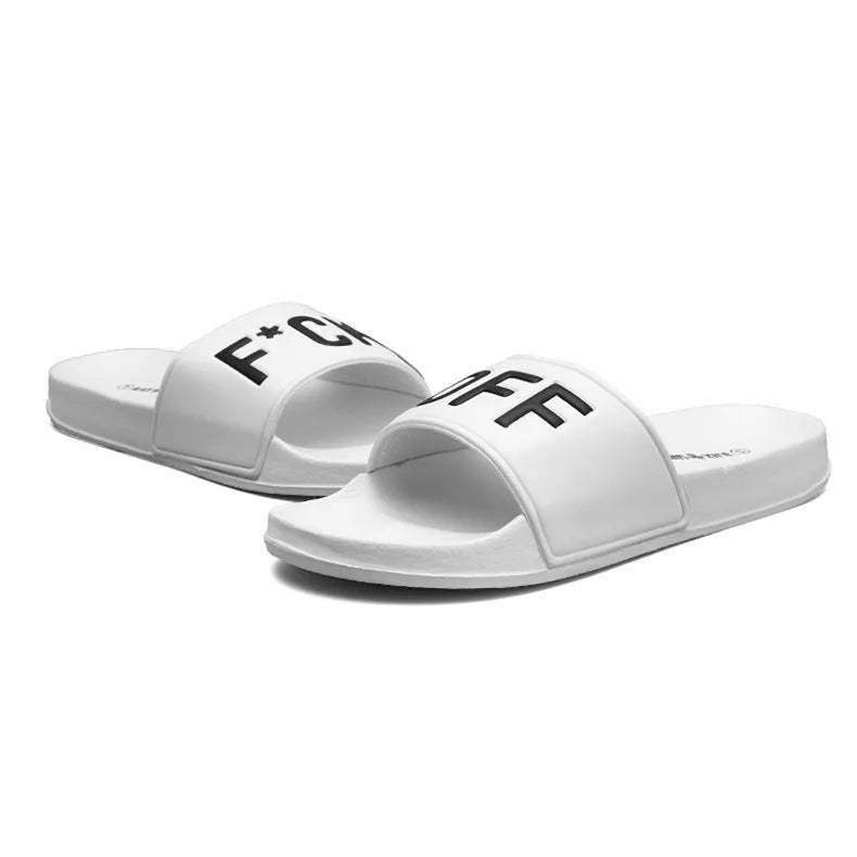 Large size black personalised men's slippers with open toe and rubber sole.