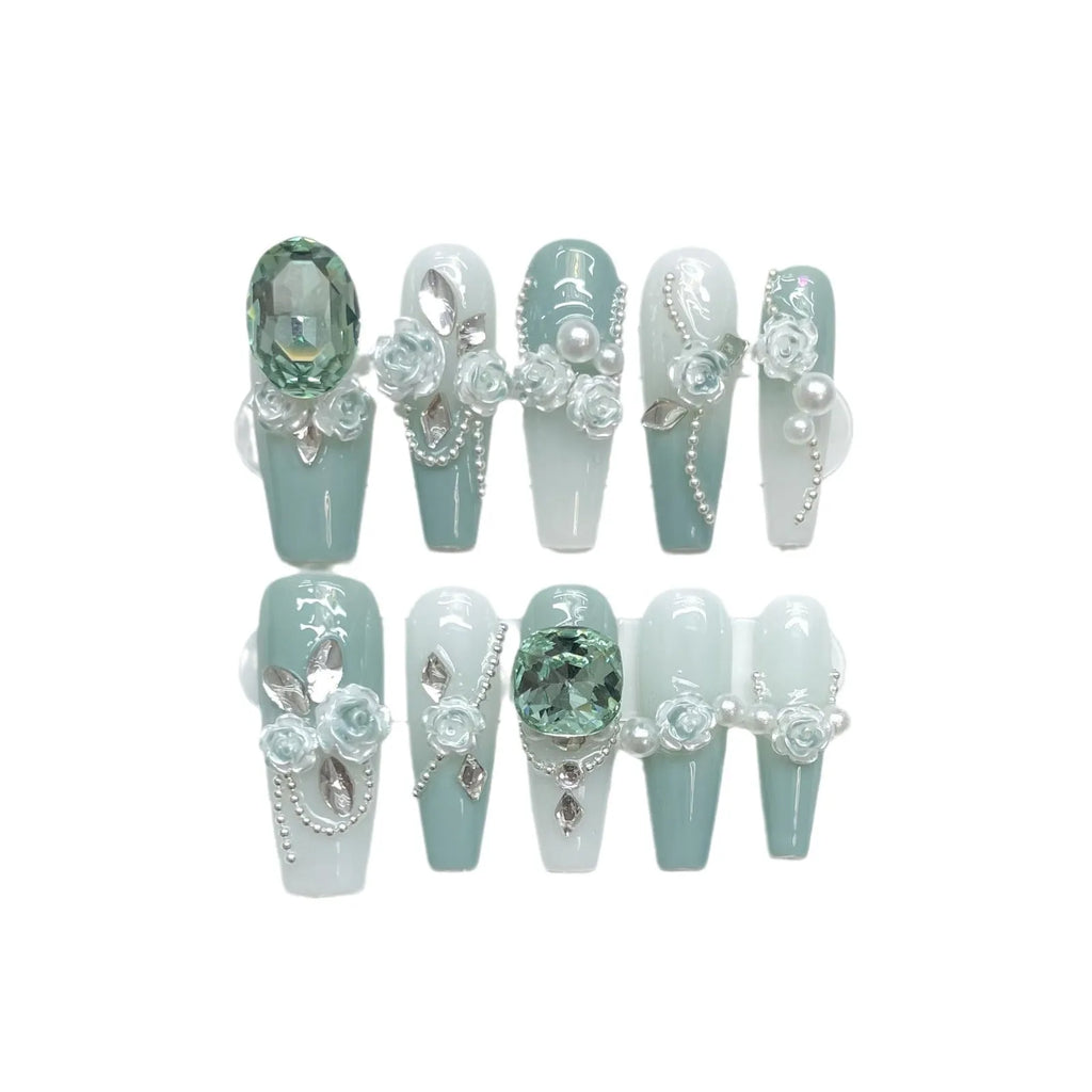Women's green camellia pattern diamond bracelet with matching plastic armour suit jewellery set