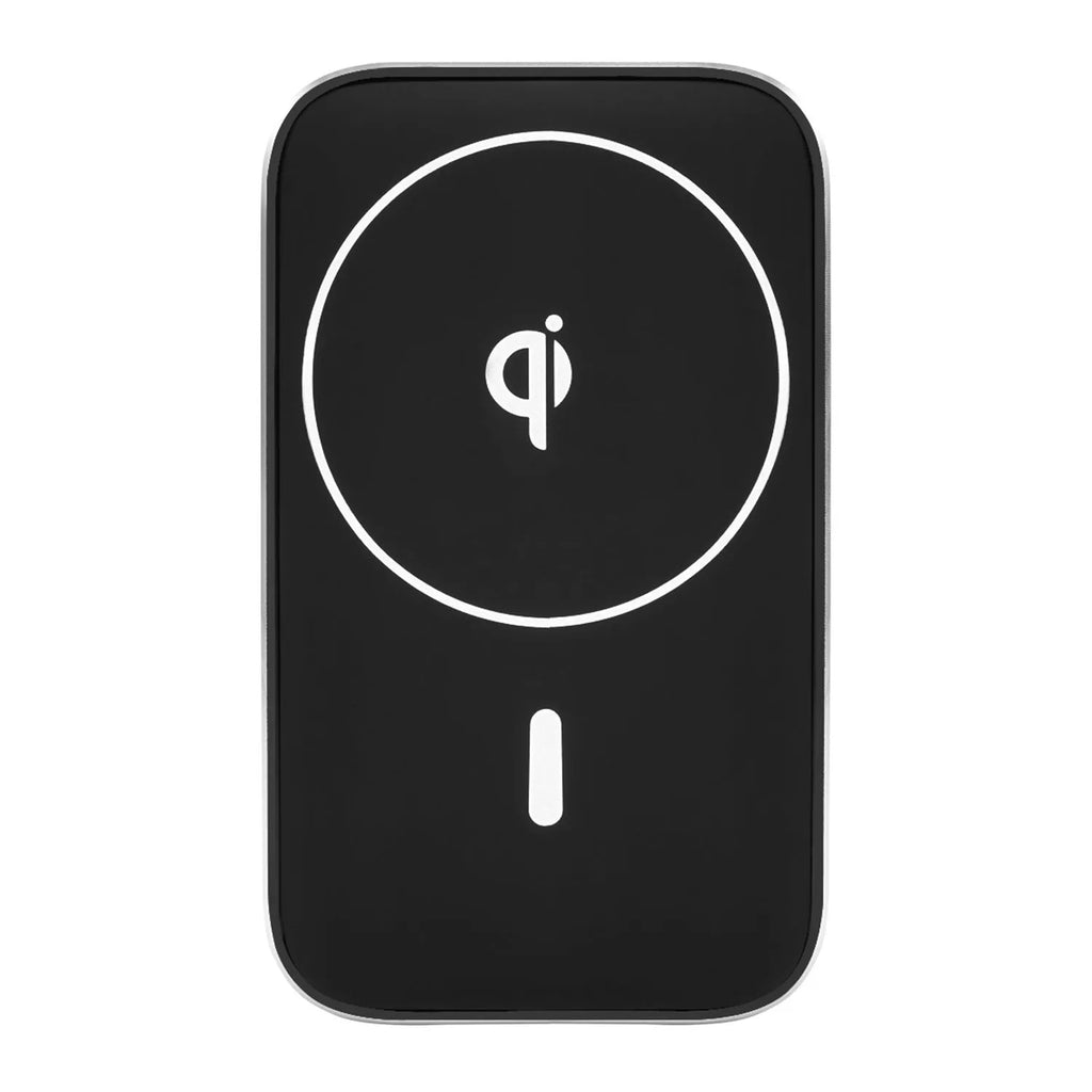 Black M6 magnetic wireless car charger bracket with phone mounted showing LED indicator