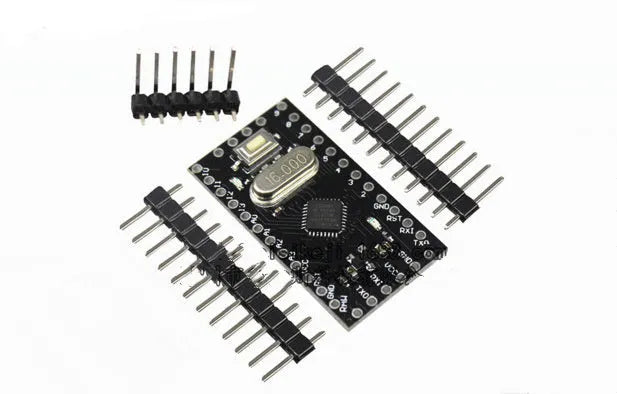 Mini Pro microcontroller circuit board showing pin headers and Atmega328P chip