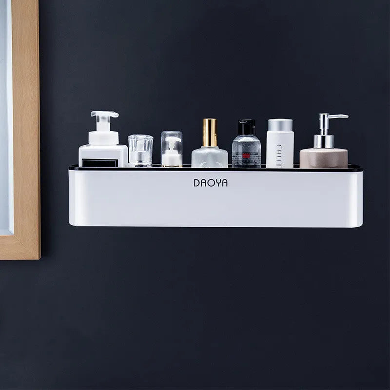 Plastic bathroom wall shelf with hole-free installation and polished surface
