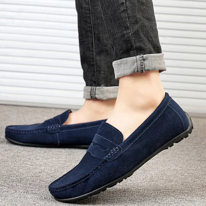 Men's suede leather loafers in solid colours with round toe and rubber sole