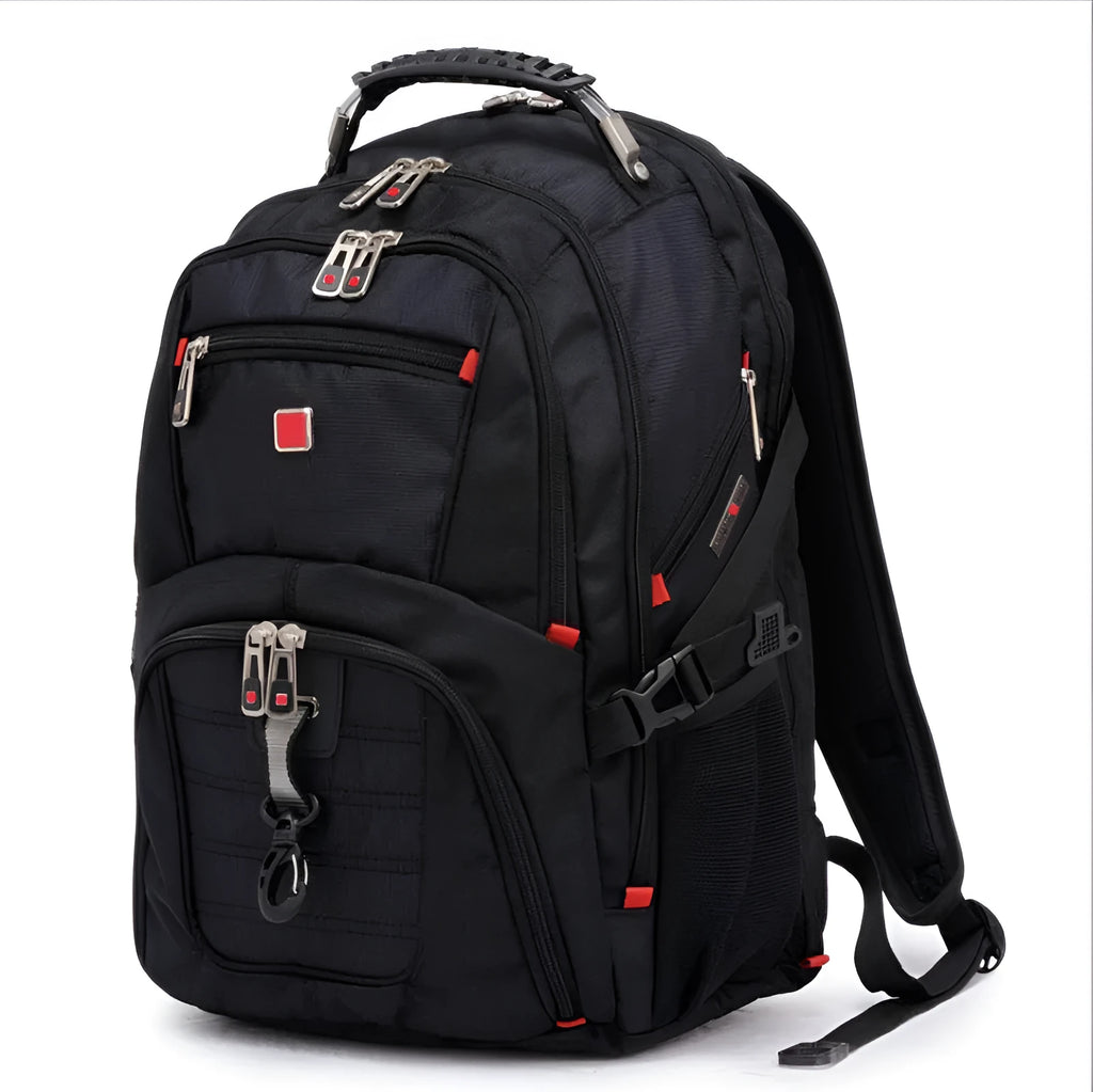 Black business backpack open to show laptop compartment and internal organisers.