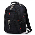 Black business backpack open to show laptop compartment and internal organisers.
