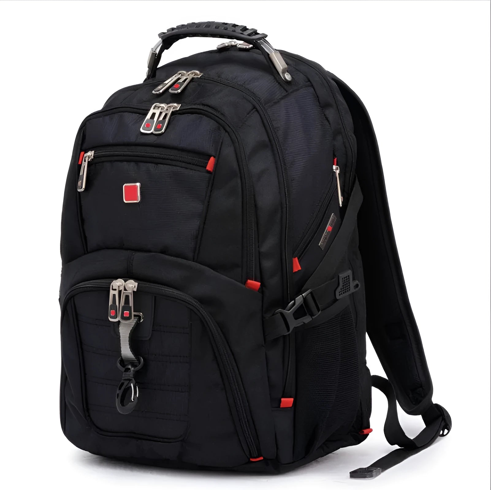 Black business backpack open to show laptop compartment and internal organisers.