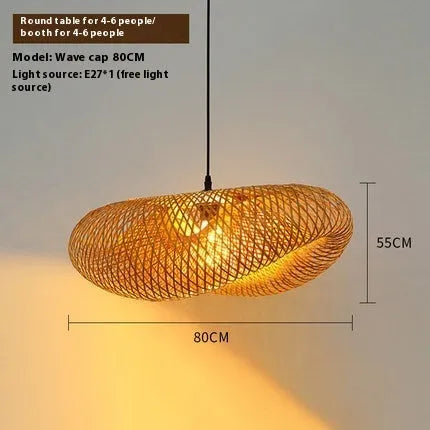 Bamboo straw hat-shaped hanging pendant lamp in natural material showing diameter size options