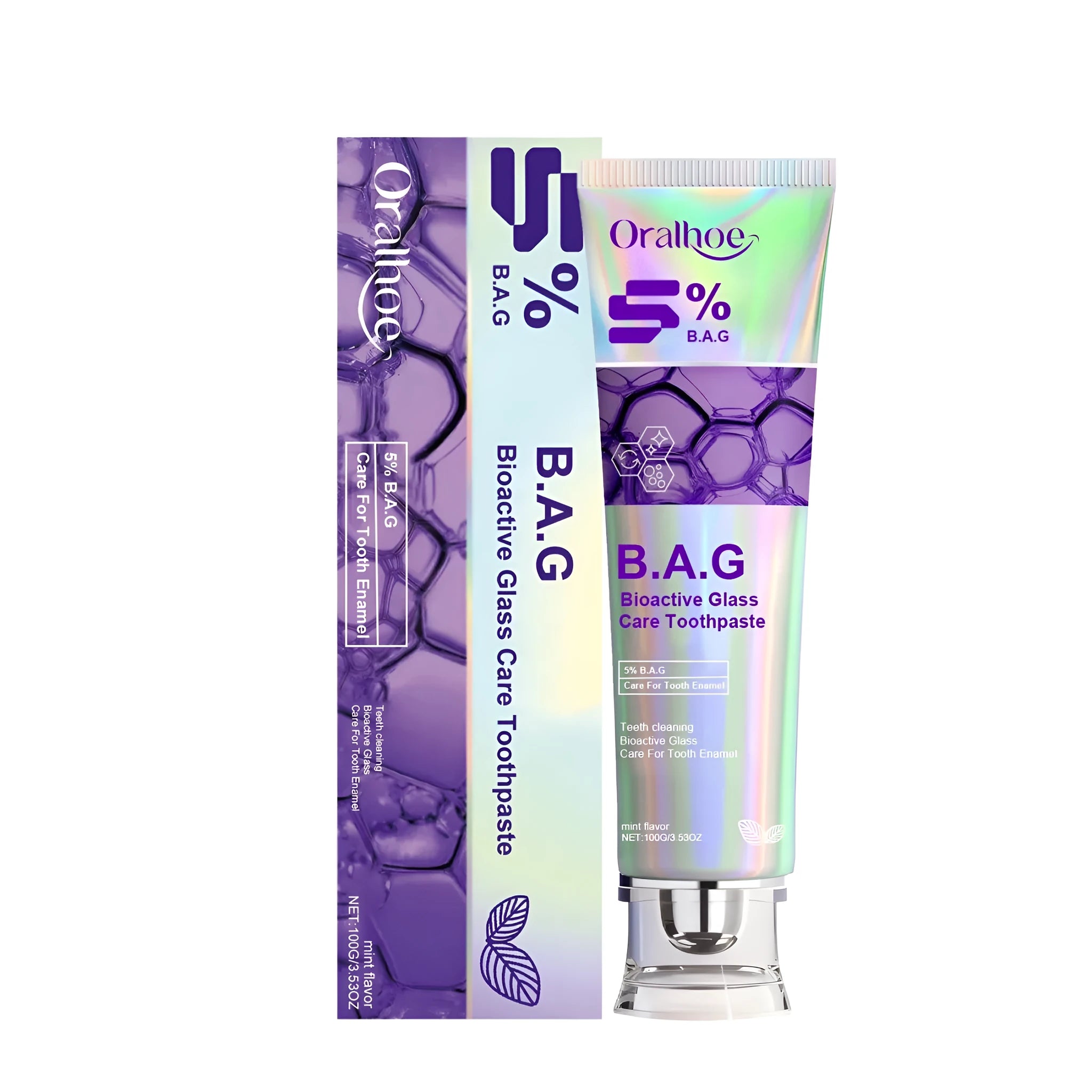 100g tube of white oral care toothpaste with peppermint leaf extract on a bathroom counter
