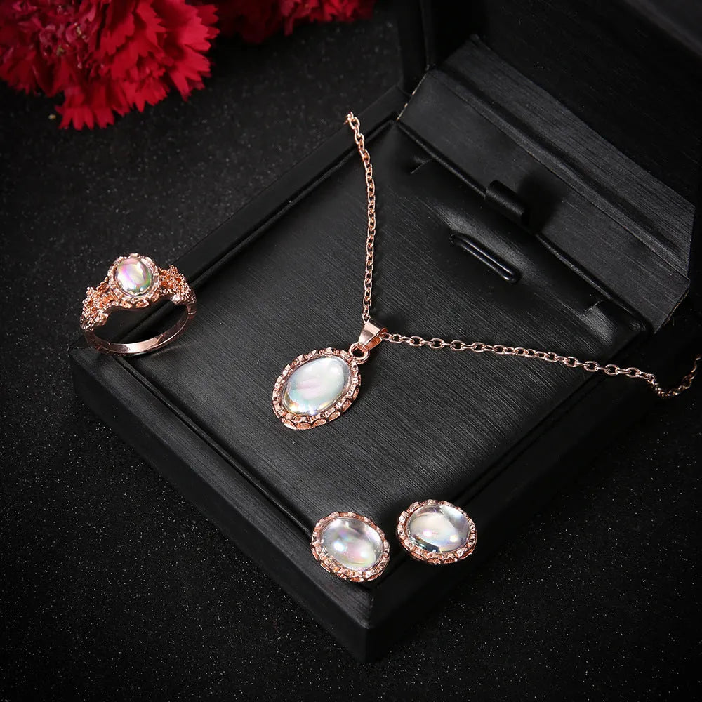 Geometric alloy and acrylic gemstone jewellery set with necklace, earrings, and ring in colour Sku1037