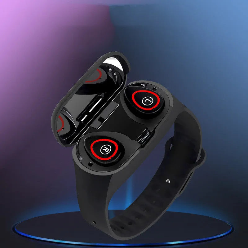 Blue smart bracelet earphone combo wearable device with silicone wristband and 1-inch screen display