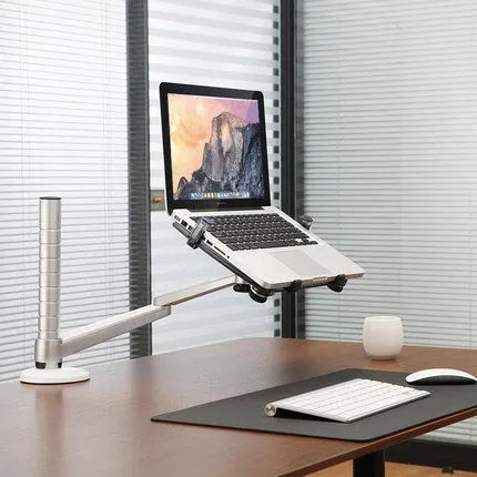 Dual arm laptop stand holder with aluminium alloy arms, laptop and tablet mounted, desktop clamp base