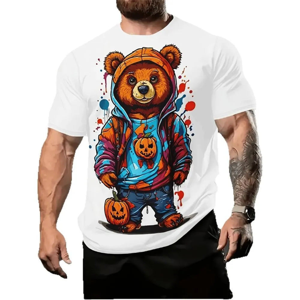 Front view of a men's loose grey T-shirt with a cartoon character 3D print, short sleeves.