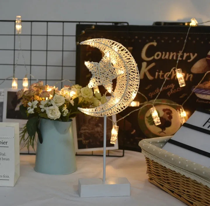 Battery-powered rattan and PC decorative LED lamp in heart, star, or moon shape.