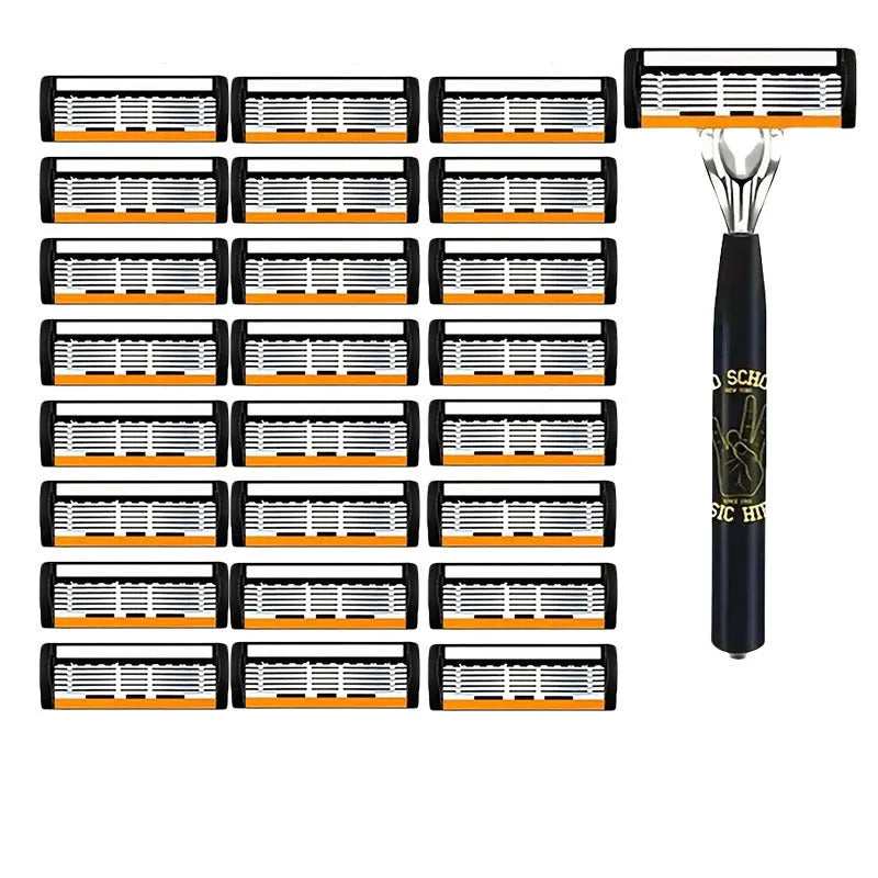 Black manual shaver handle with six-layer replacement blades for beard grooming tools