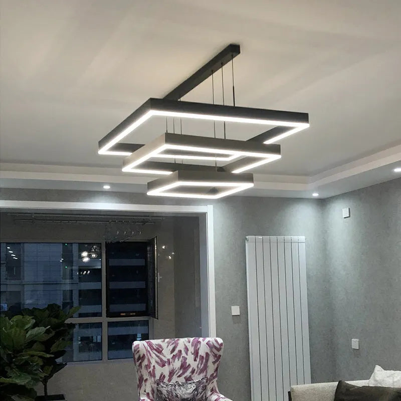 Scandinavian style square iron chandelier with aluminium single-layer shade 40cm diameter