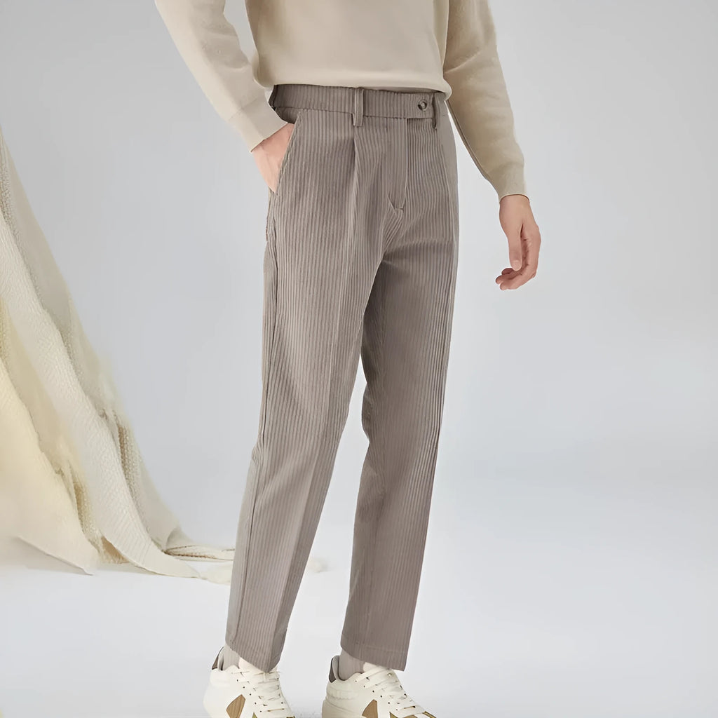 Men's beige straight-leg corduroy trousers with a loose fit and mid-waist design