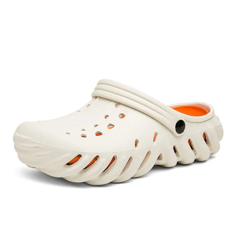 Men's beige hollow out slippers with non-slip soles showing EVA construction and round toe design