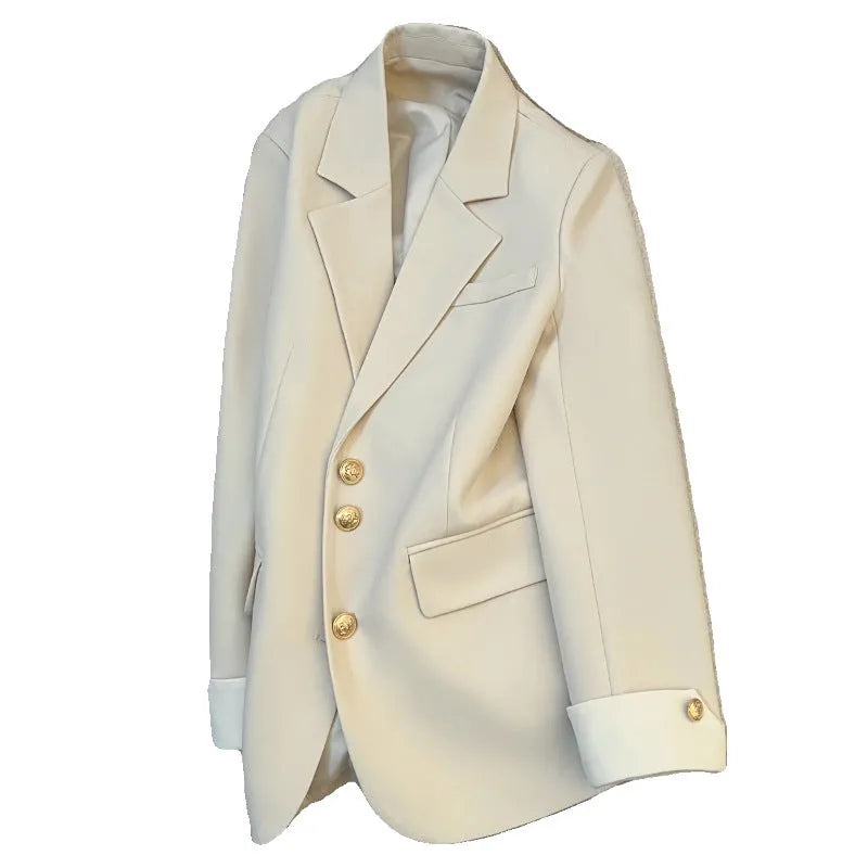 Milky white loose-fit women's trench coat with long sleeves and pockets on a hanger.