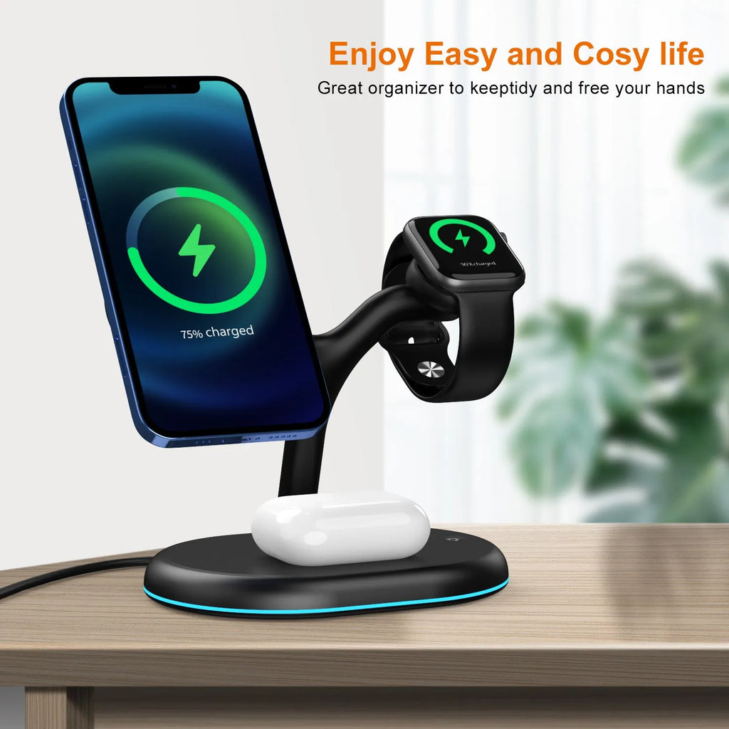 Black three-in-one magnetic wireless charger with a simplistic design on a table.