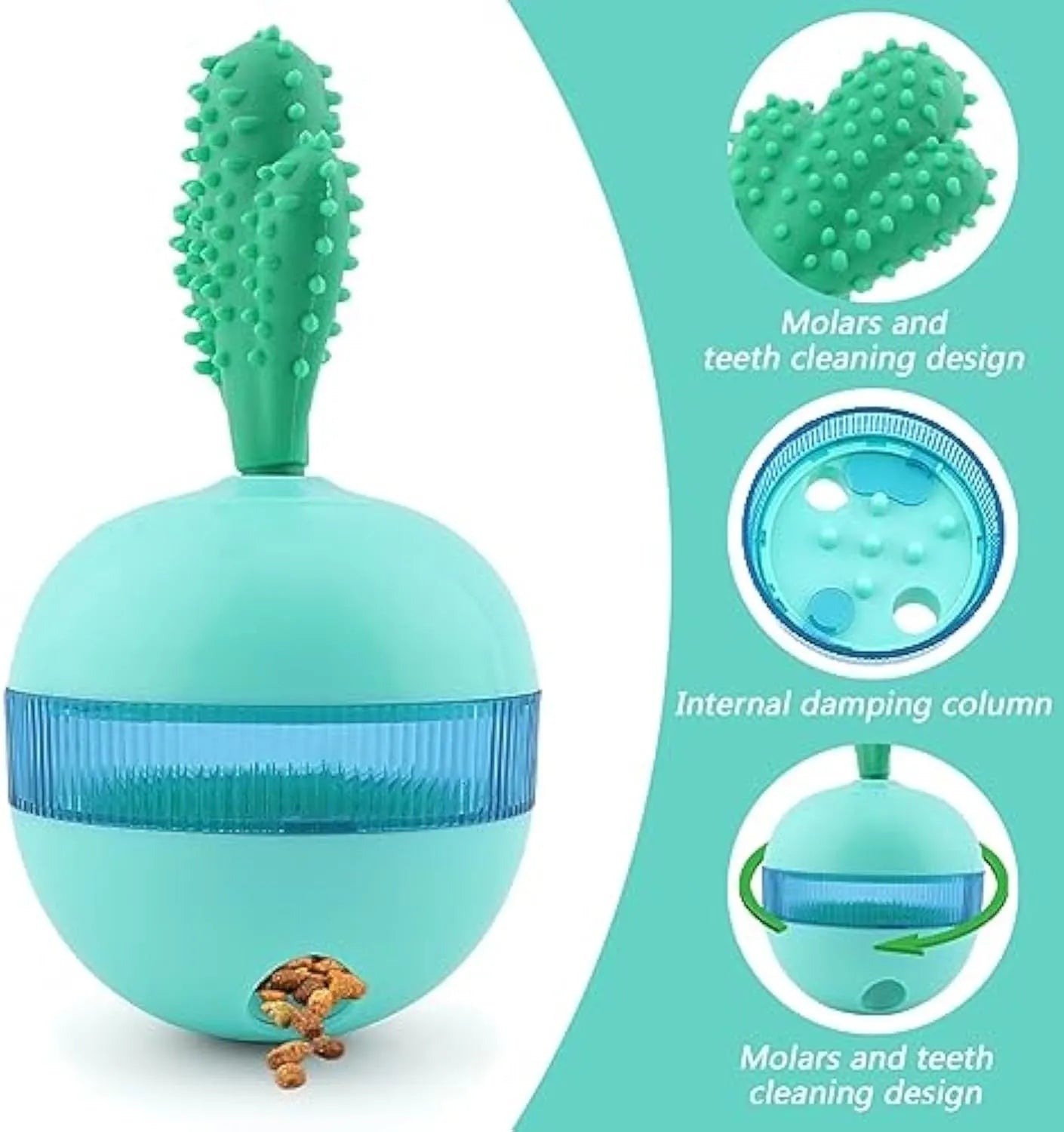 Blue and green durable rubber interactive treat dispensing tumbler ball dog toy