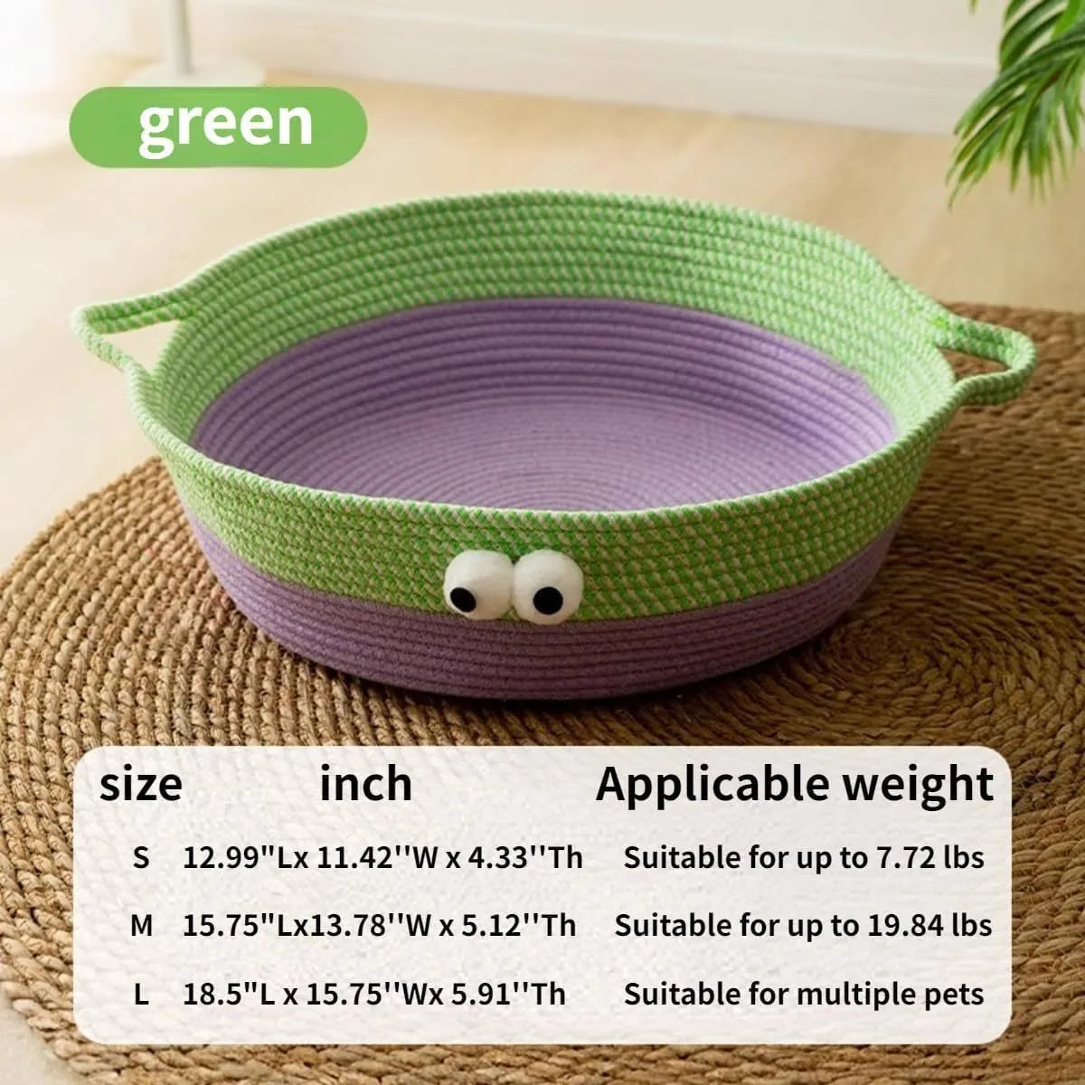 Round woven natural cotton rope cat bed in green with spiral edge, size M, on wooden floor